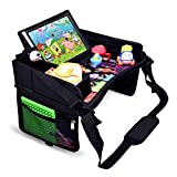 DMoose Kids Travel Tray, Toddler Car Seat Lap Activity Tray with Padded Comfort Base, Side Walls, Mesh Snack Pockets, Tablet Holder, Waterproof Car Seat, Stroller, Airplane Play and Learn Area (Black)